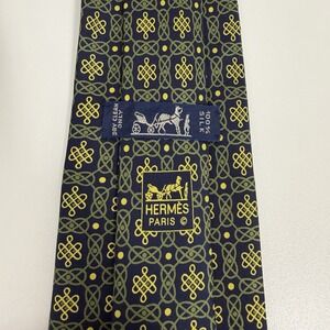 Hermes Men's Tie Geometric Links Navy/Green 5363 OA Silk 3.5" (W) x 60" (L) euc
